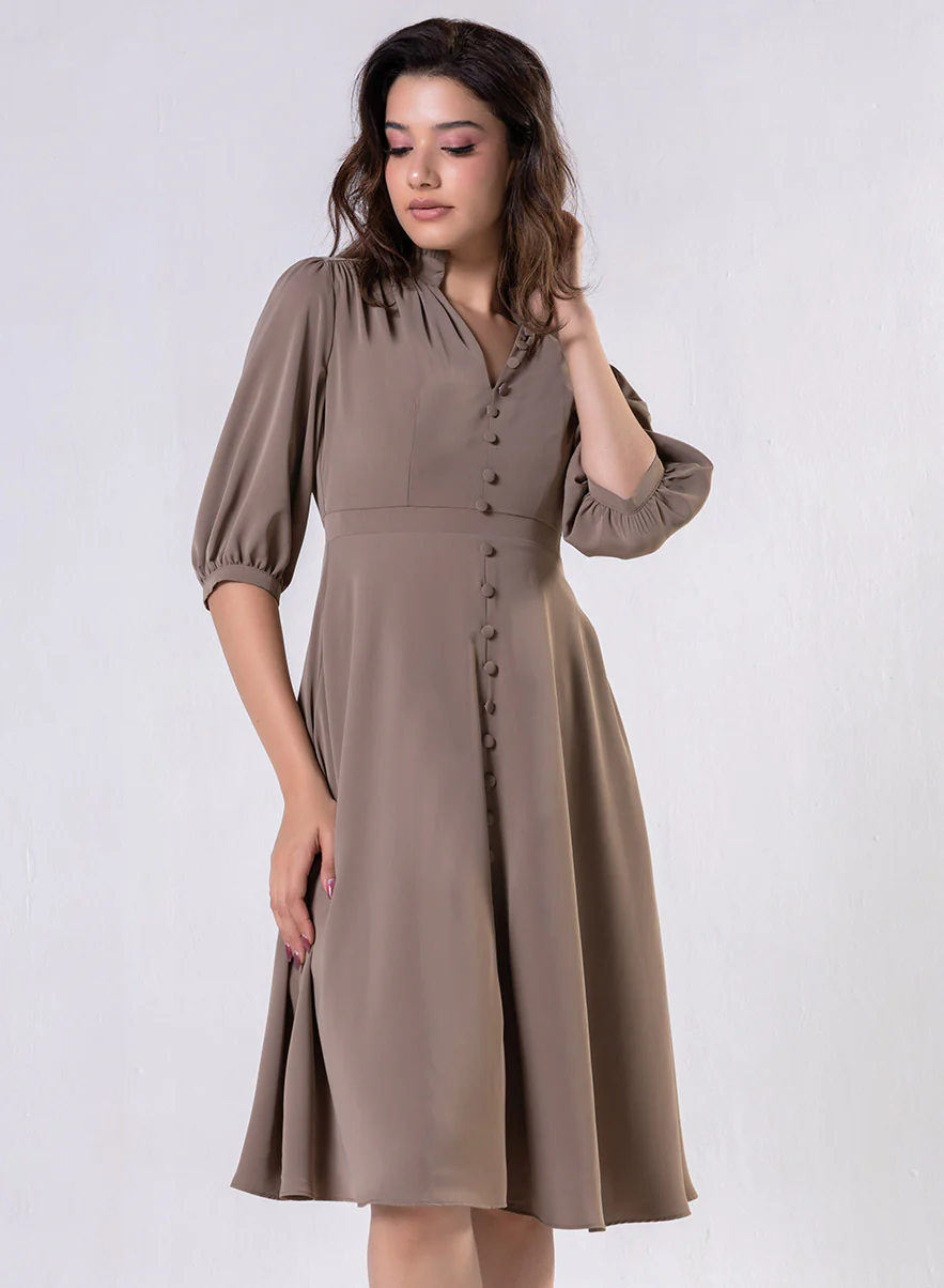 Front Buttoned Solid Chiffon Dress - Image 2