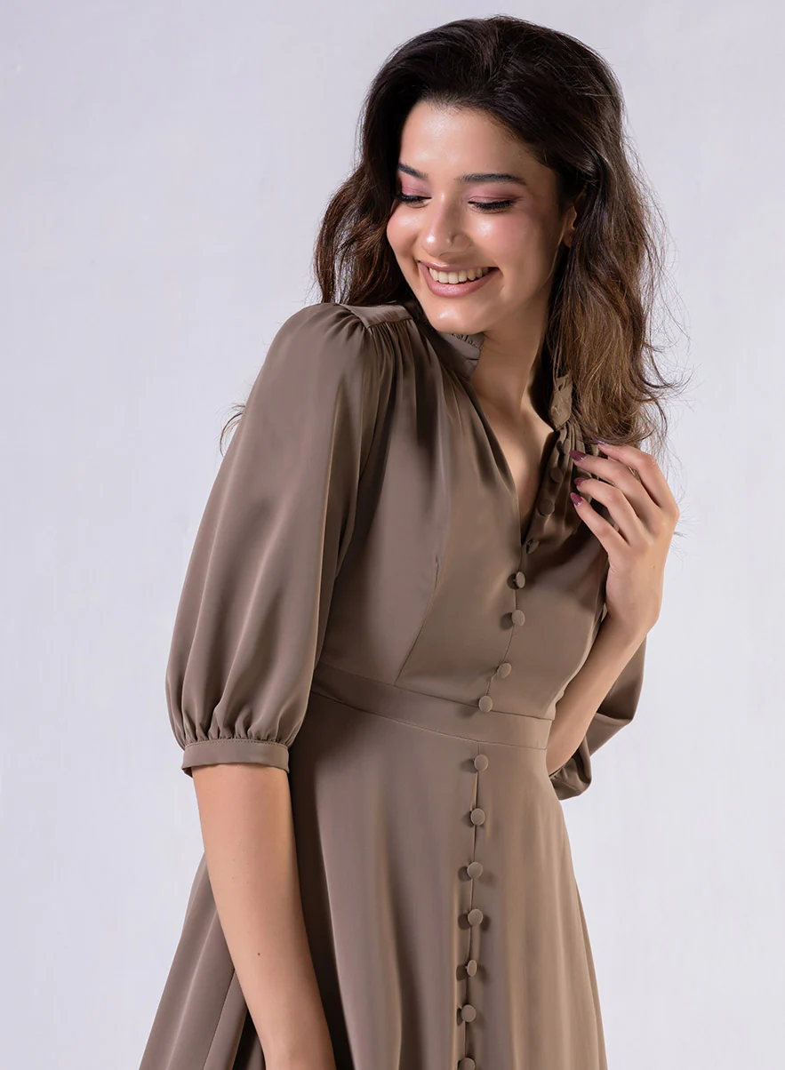 Front Buttoned Solid Chiffon Dress - Image 4
