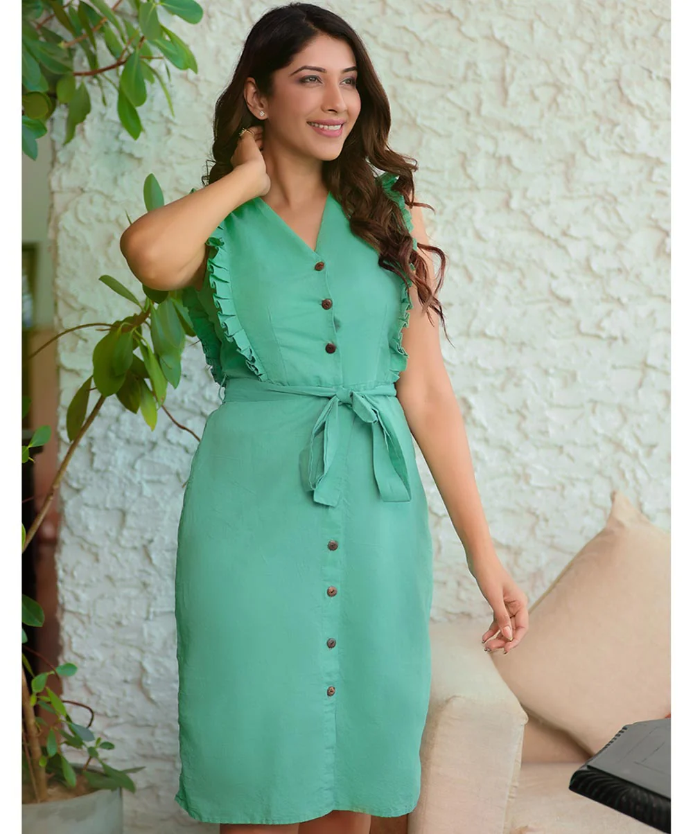 Front Buttoned Vneck Linen Dress