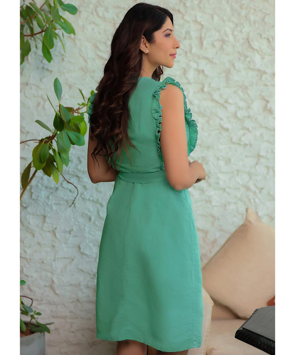 Front Buttoned Vneck Linen Dress - Image 3