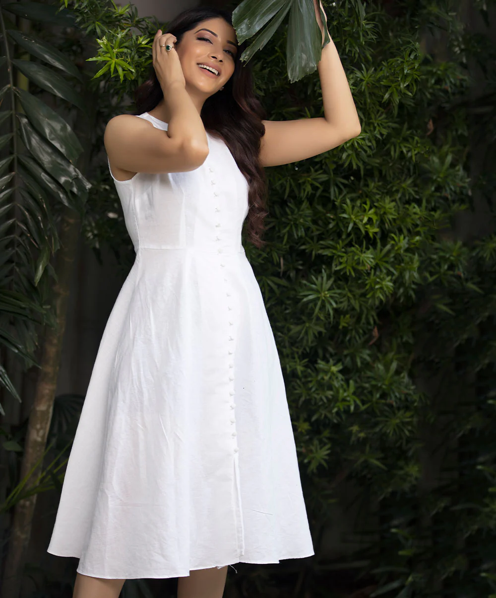 Front Buttoned With Loop Linen Dress - Image 3