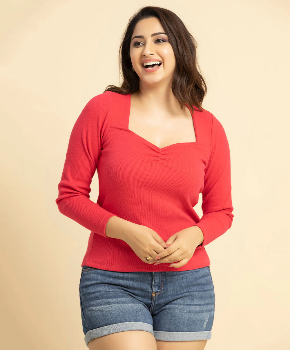 Pink Long Sleeve Square Neck Top