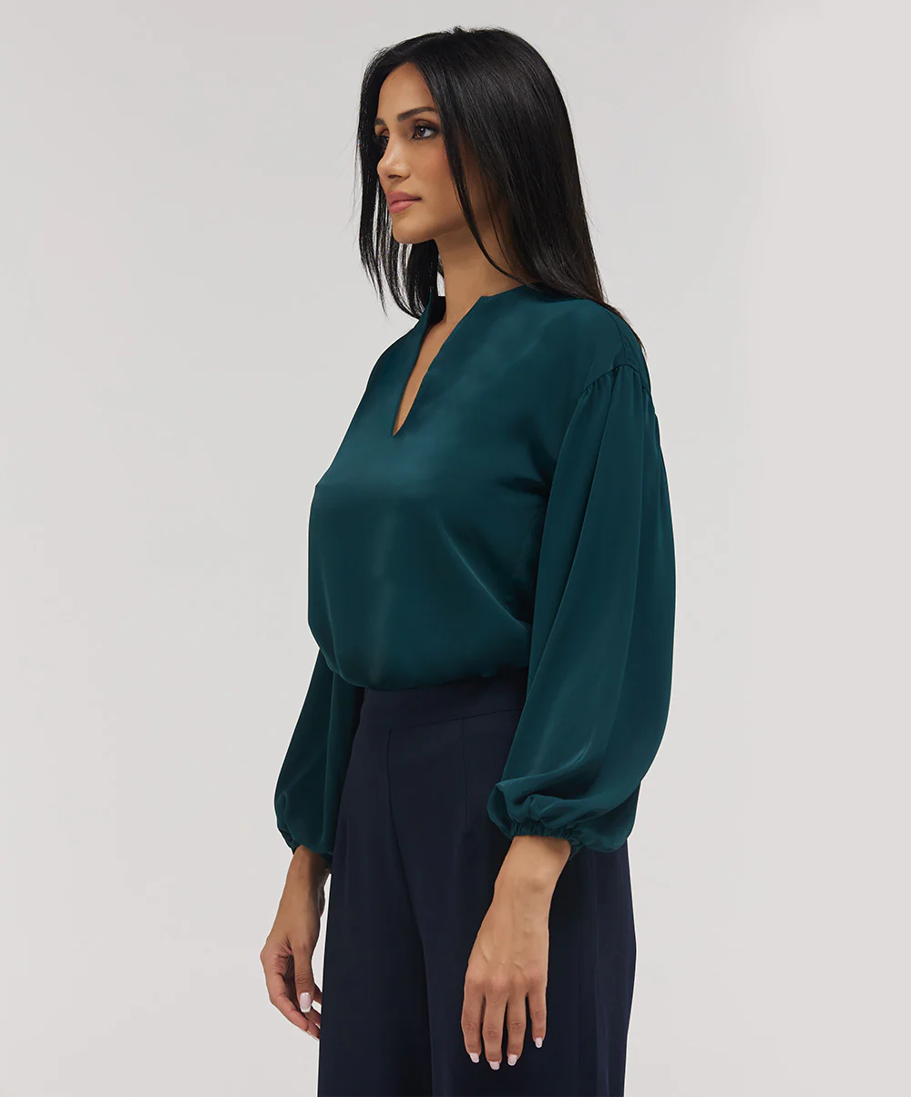 Front Neck Open Long Sleeve Top-Dark Green - Image 3