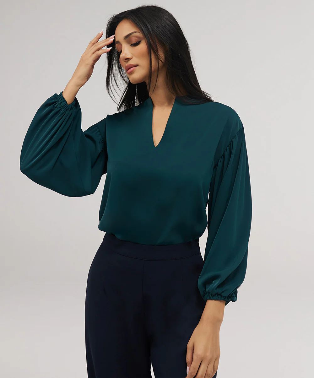 Front Neck Open Long Sleeve Top-Dark Green - Image 4