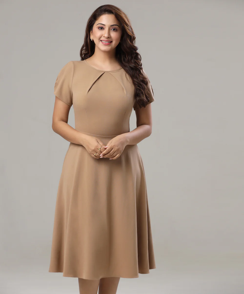 Front Neck Pleated Skater Beige Dress