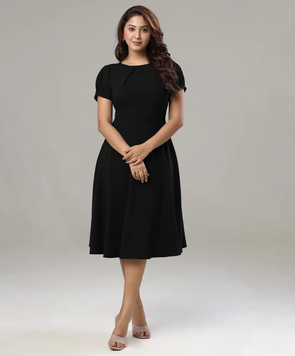 Front Neck Pleated Skater Black Dress