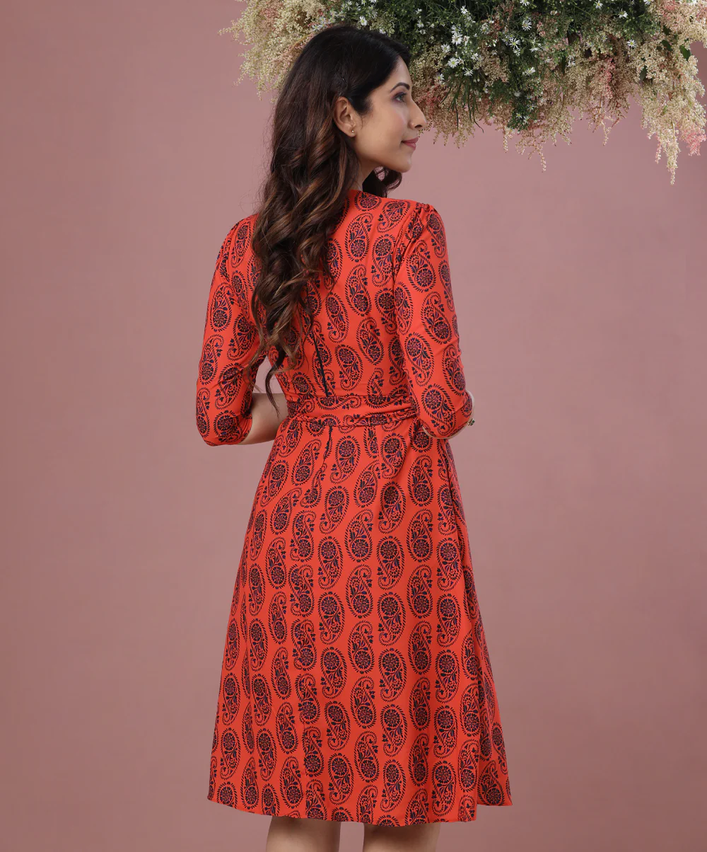 Front Open Half Sleeve Orange Dress - Image 3