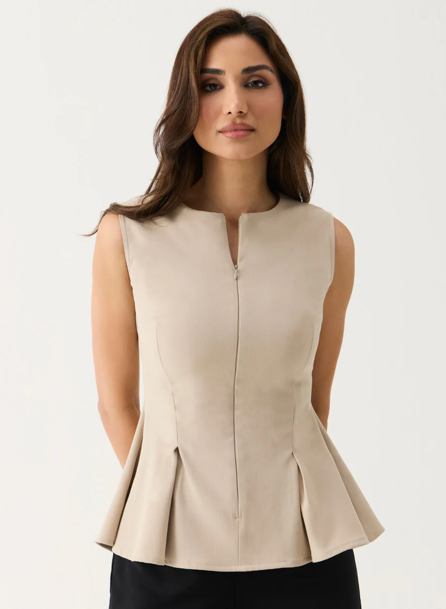 Front Open Sleeveless Top - Beige - Image 2