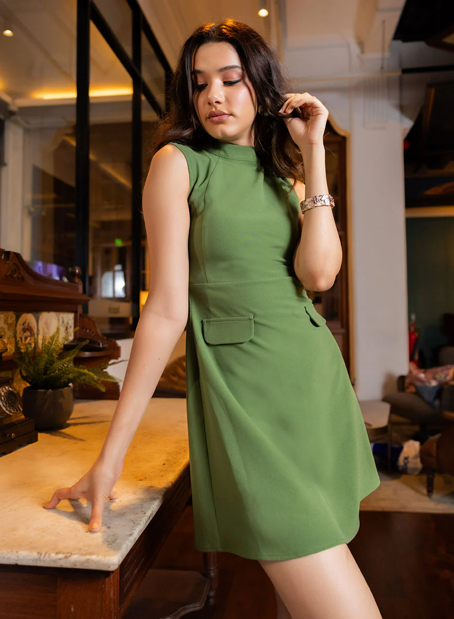 Front Panelled Mini Dress With Flaps - Green - Image 3