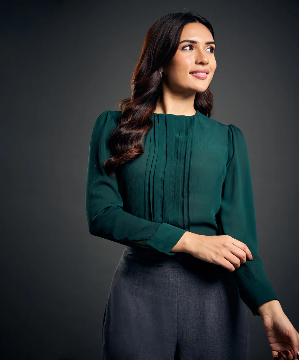 Front Pintuck Chiffon Green Top - Image 3