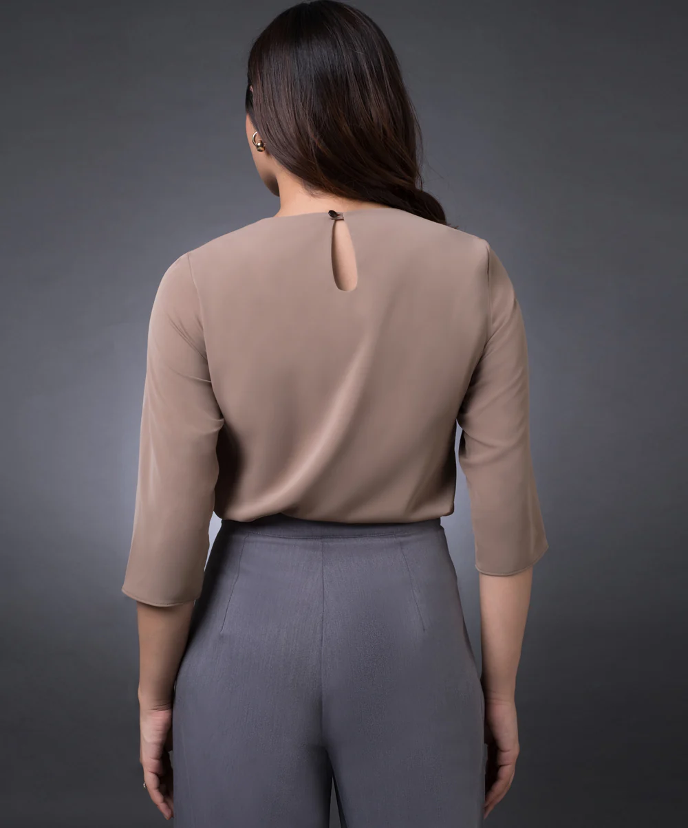Front Pintuck Long Sleeve Brown Top - Image 4