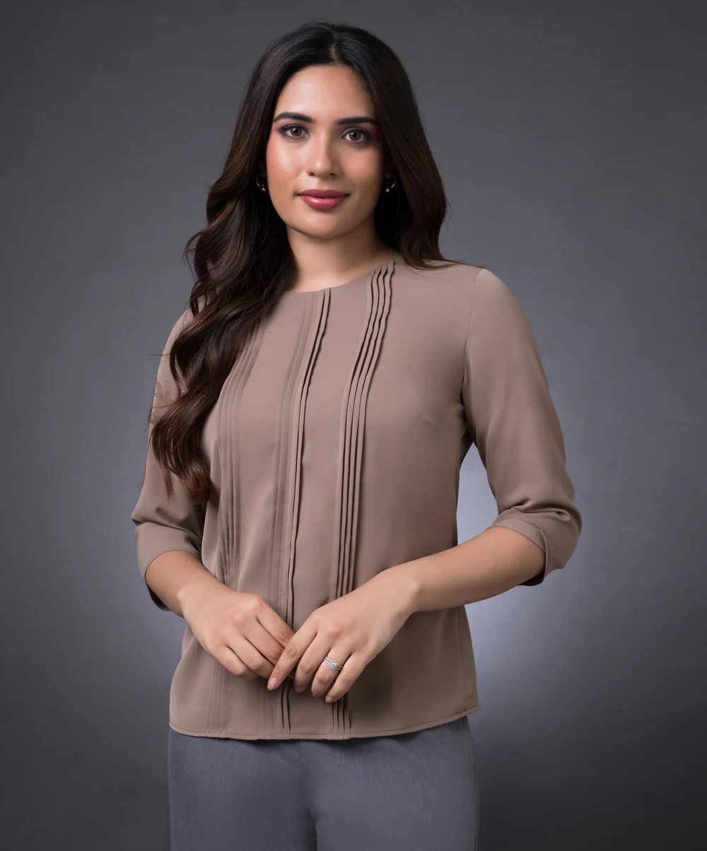Front Pintuck Long Sleeve Brown Top - Image 5