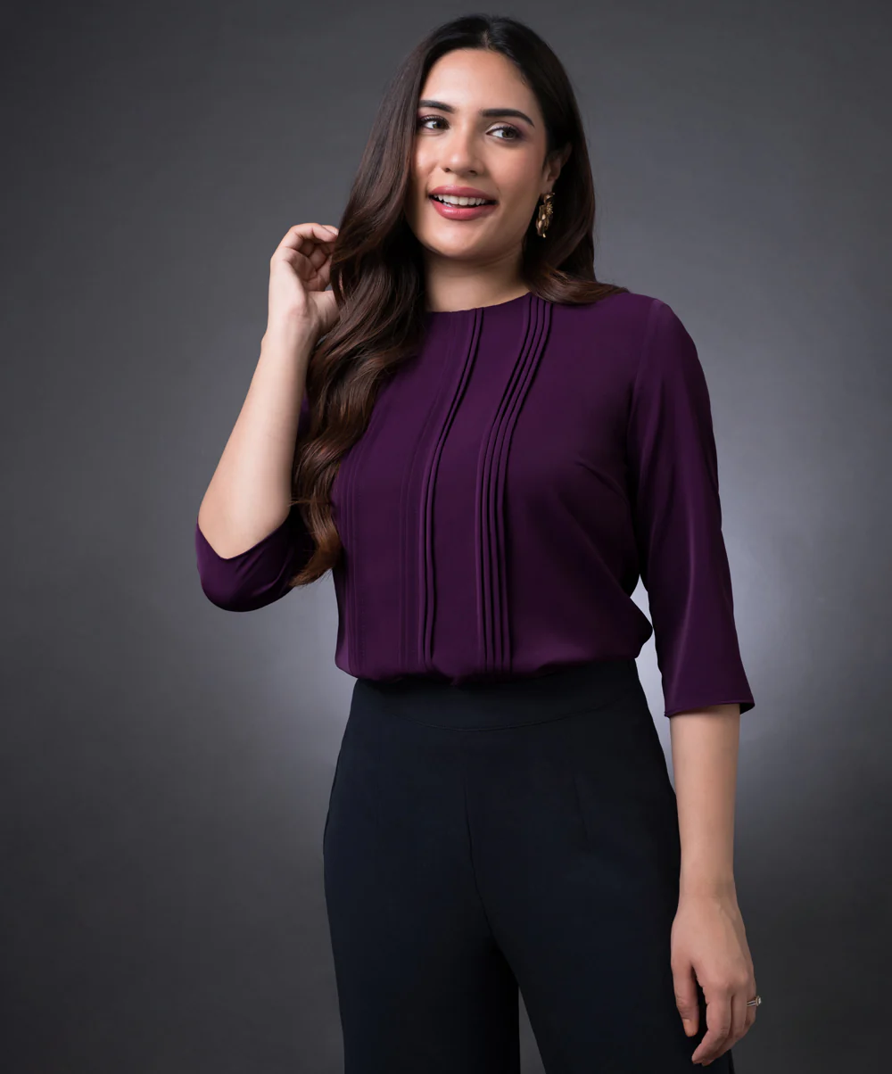Front Pintuck Long Sleeve Purple Top - Image 2