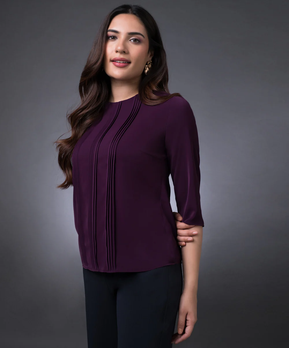Front Pintuck Long Sleeve Purple Top - Image 4