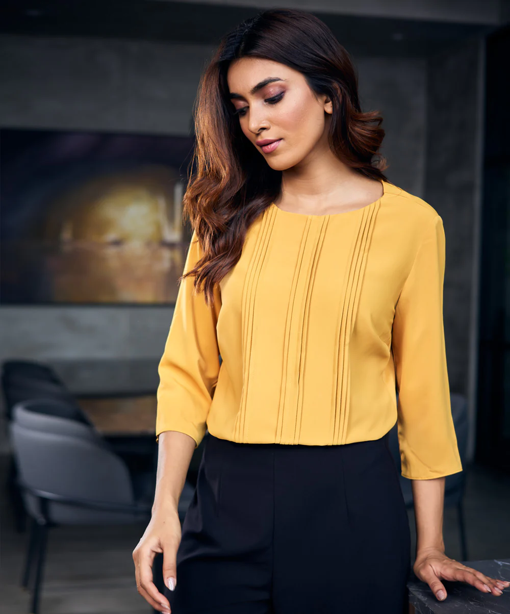Front Pintuck Long Sleeve Yellow Top