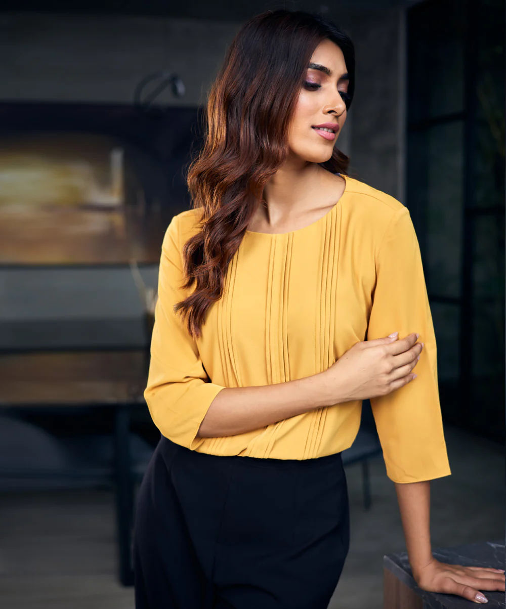 Front Pintuck Long Sleeve Yellow Top - Image 3