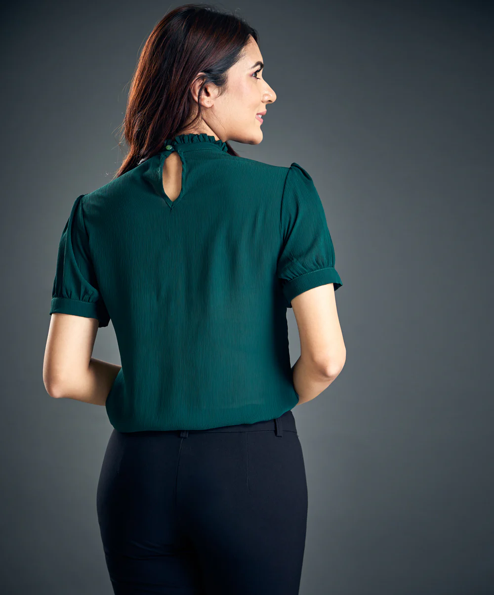 Front Pintuck Neck Band Green Top - Image 4