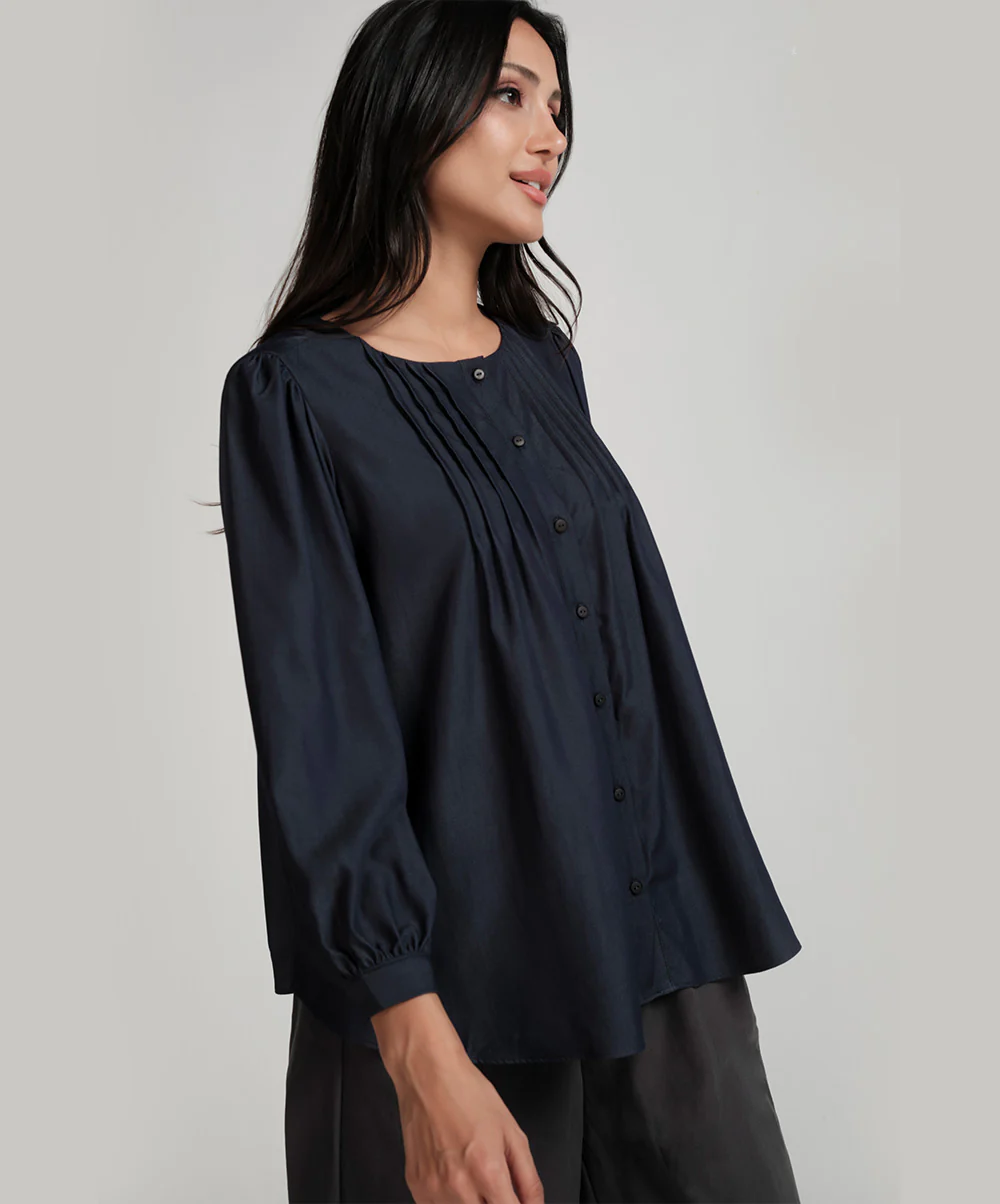 Front Pintucked Round Neck Blue Top - Image 2