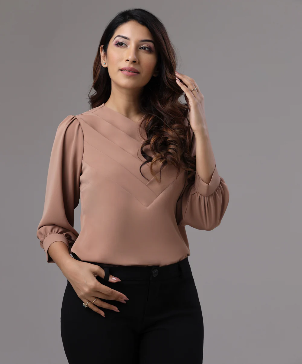Front Side Pleated Brown Chiffon Top