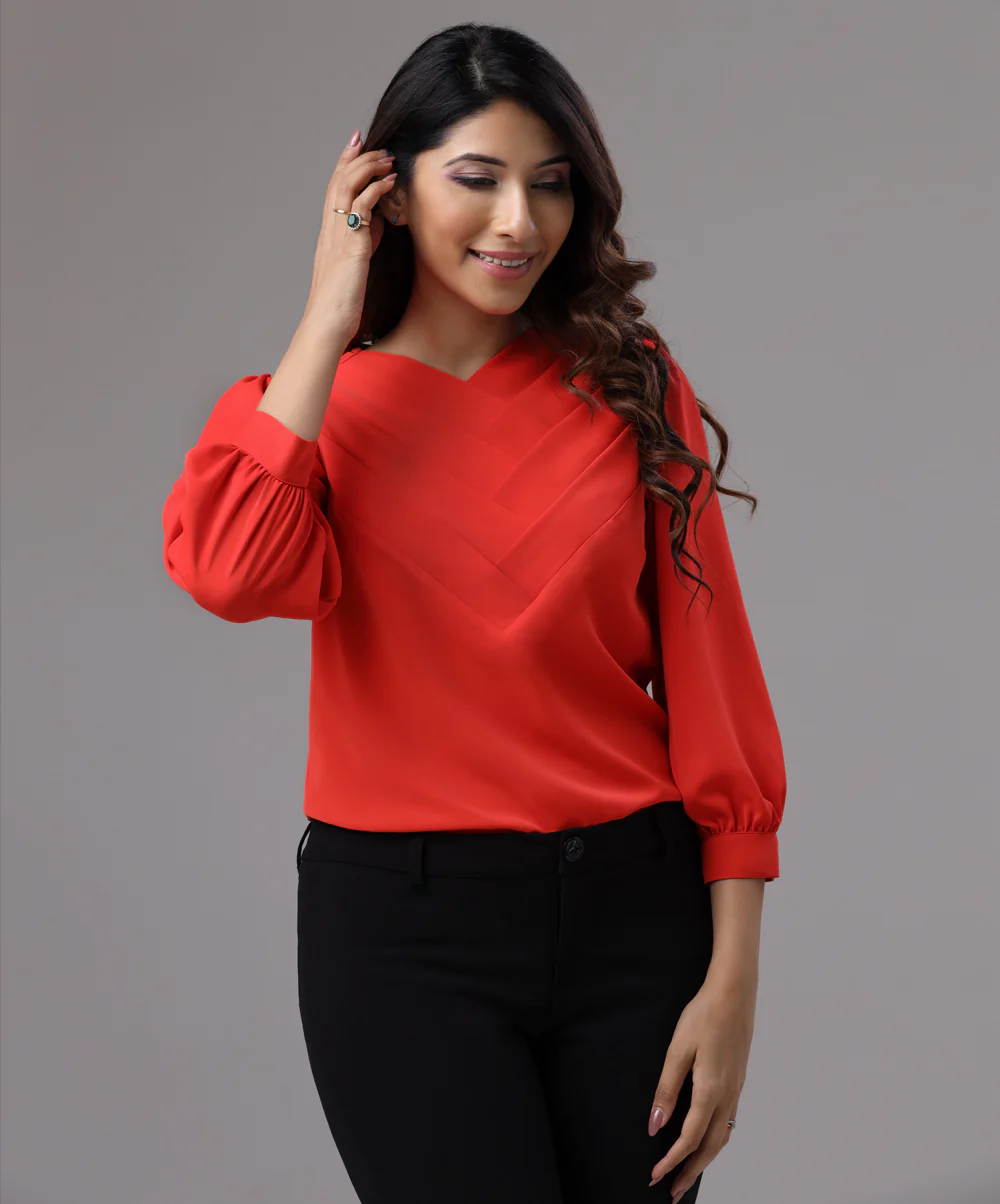 Front Side Pleated Orange Chiffon Top