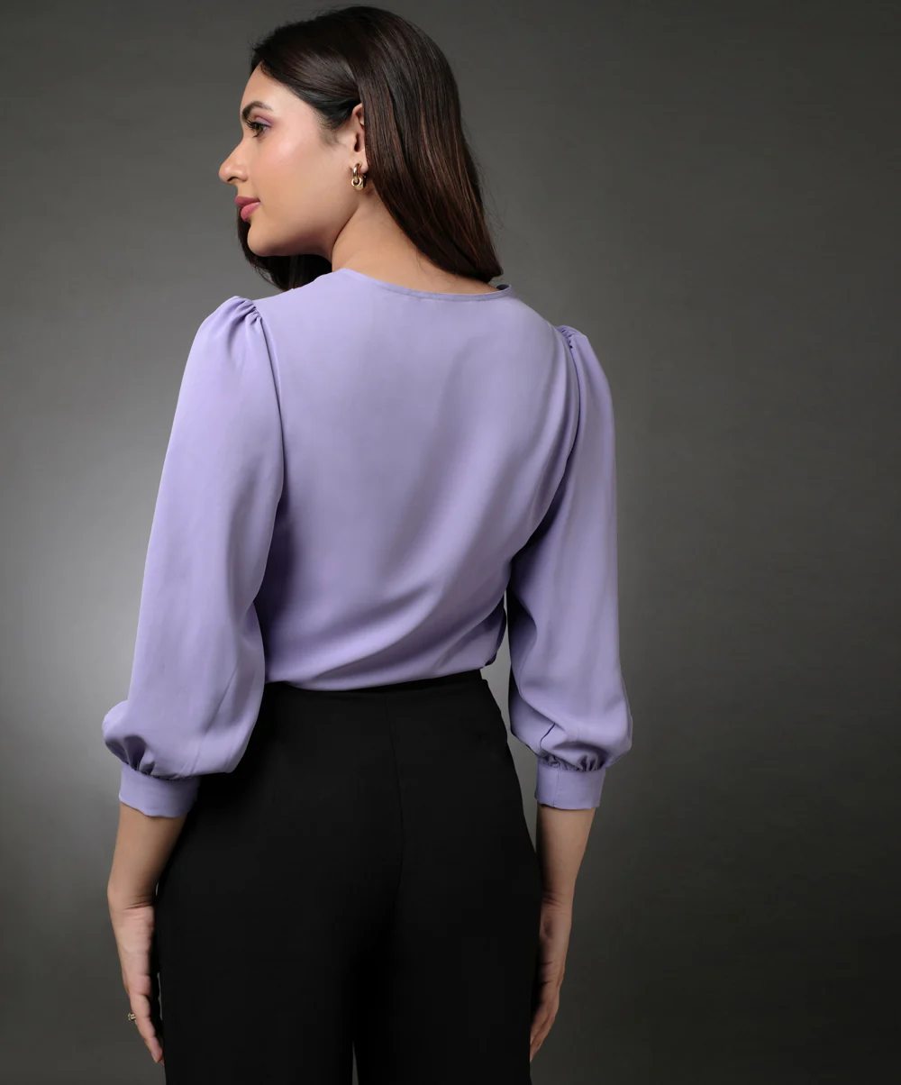 Front Slanted Pleated Lavender Half Sleeve Top - Image 5