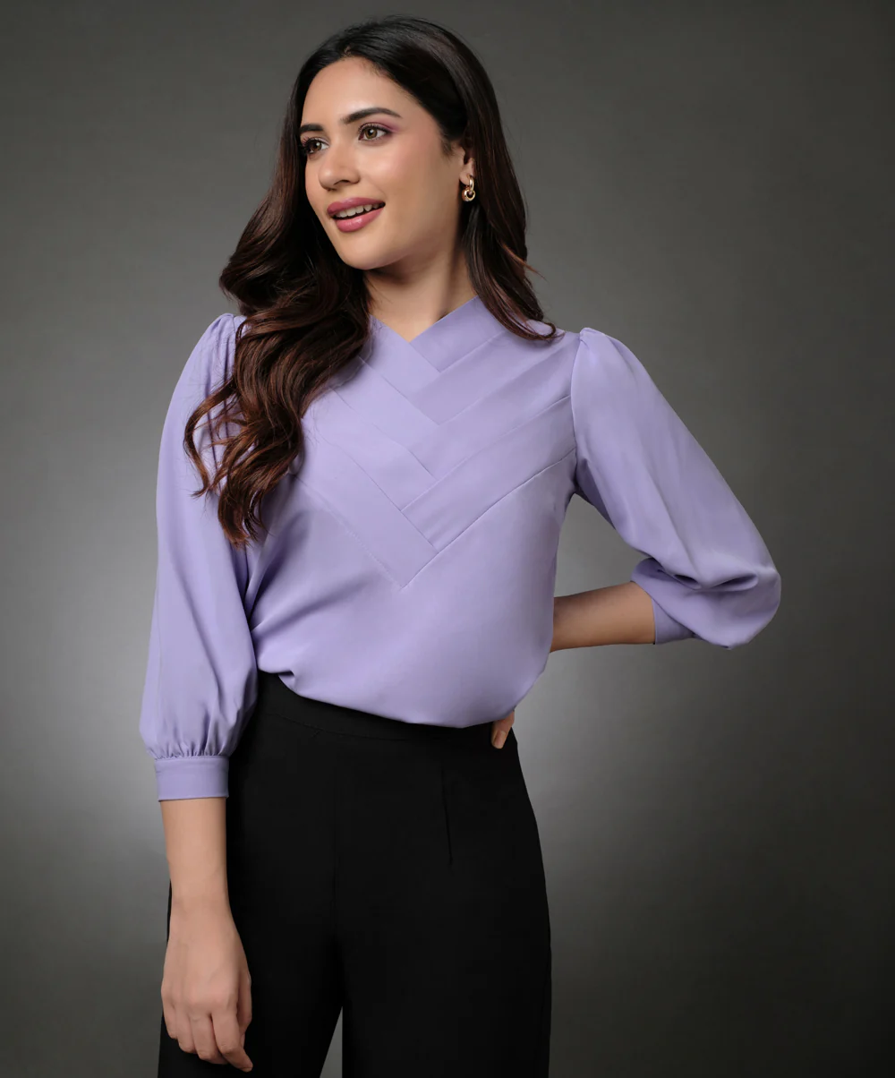 Front Slanted Pleated Lavender Half Sleeve Top - Image 7