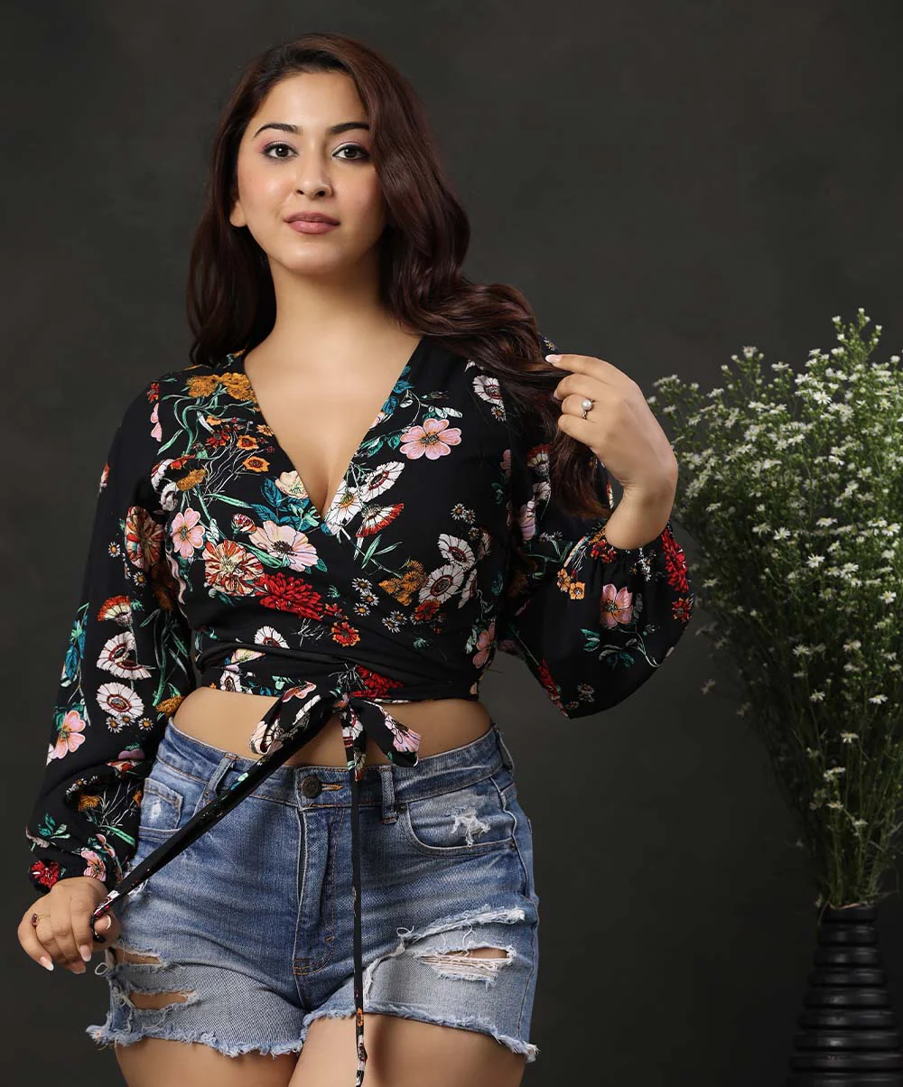 Front Tie Bishop Sleeve Crop Blouse