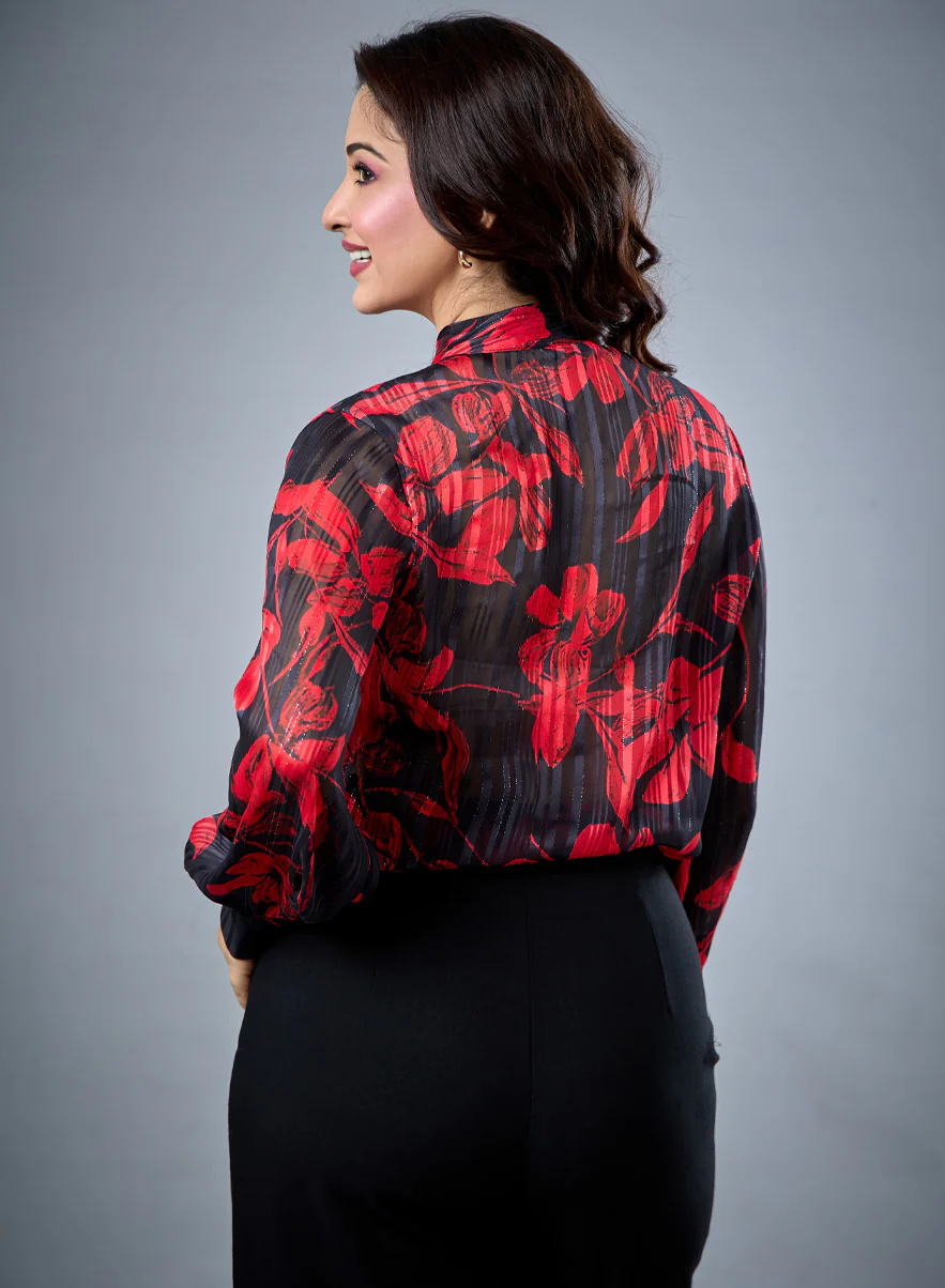 Front Tie Neck Long Sleeve Top - Image 3