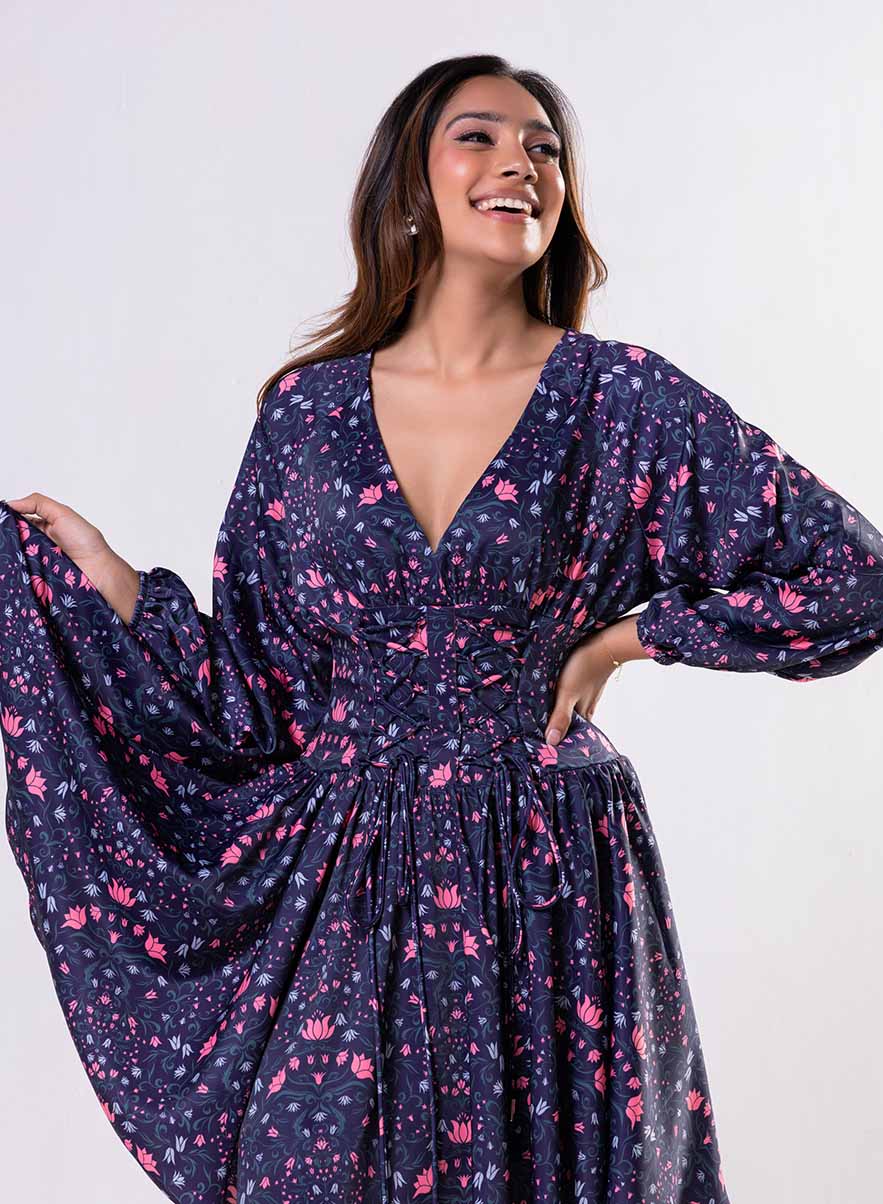 Front Tie Satin Printed Blue Dress - Image 3