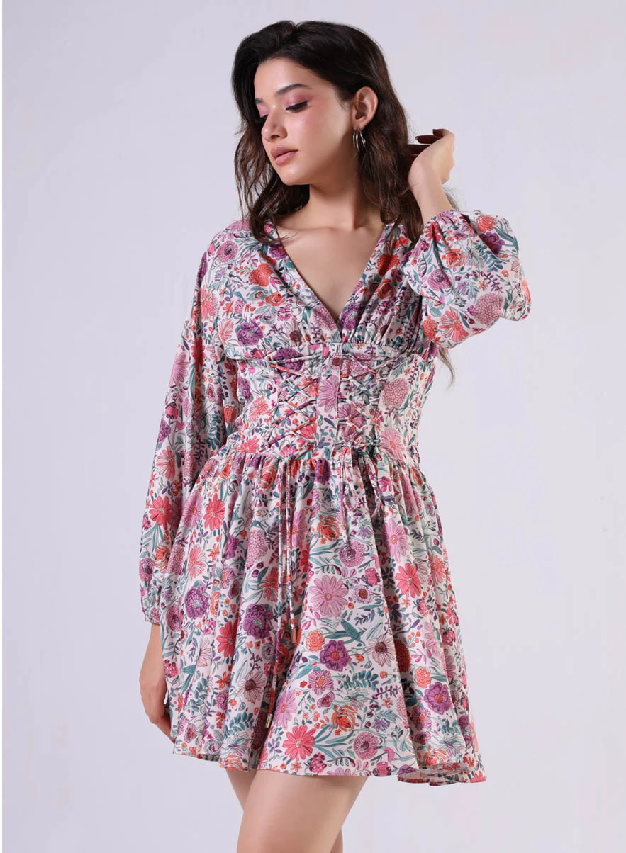 Front Tie Satin Printed Dress