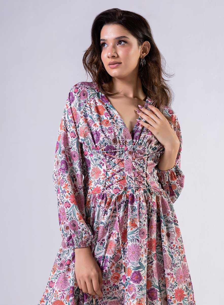 Front Tie Satin Printed Dress - Image 4