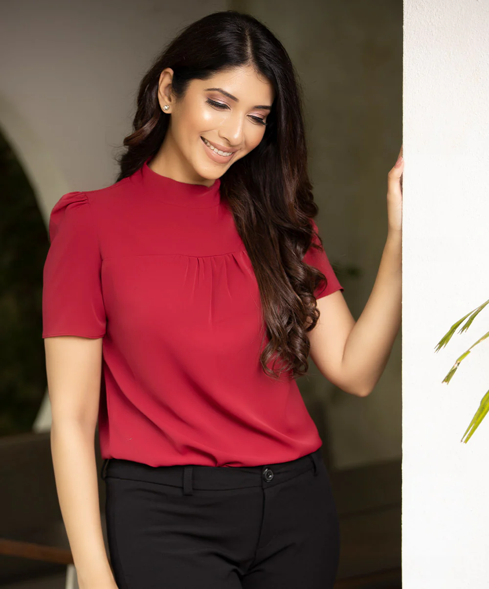 Front-York & Sleeve-Gathered Red Top