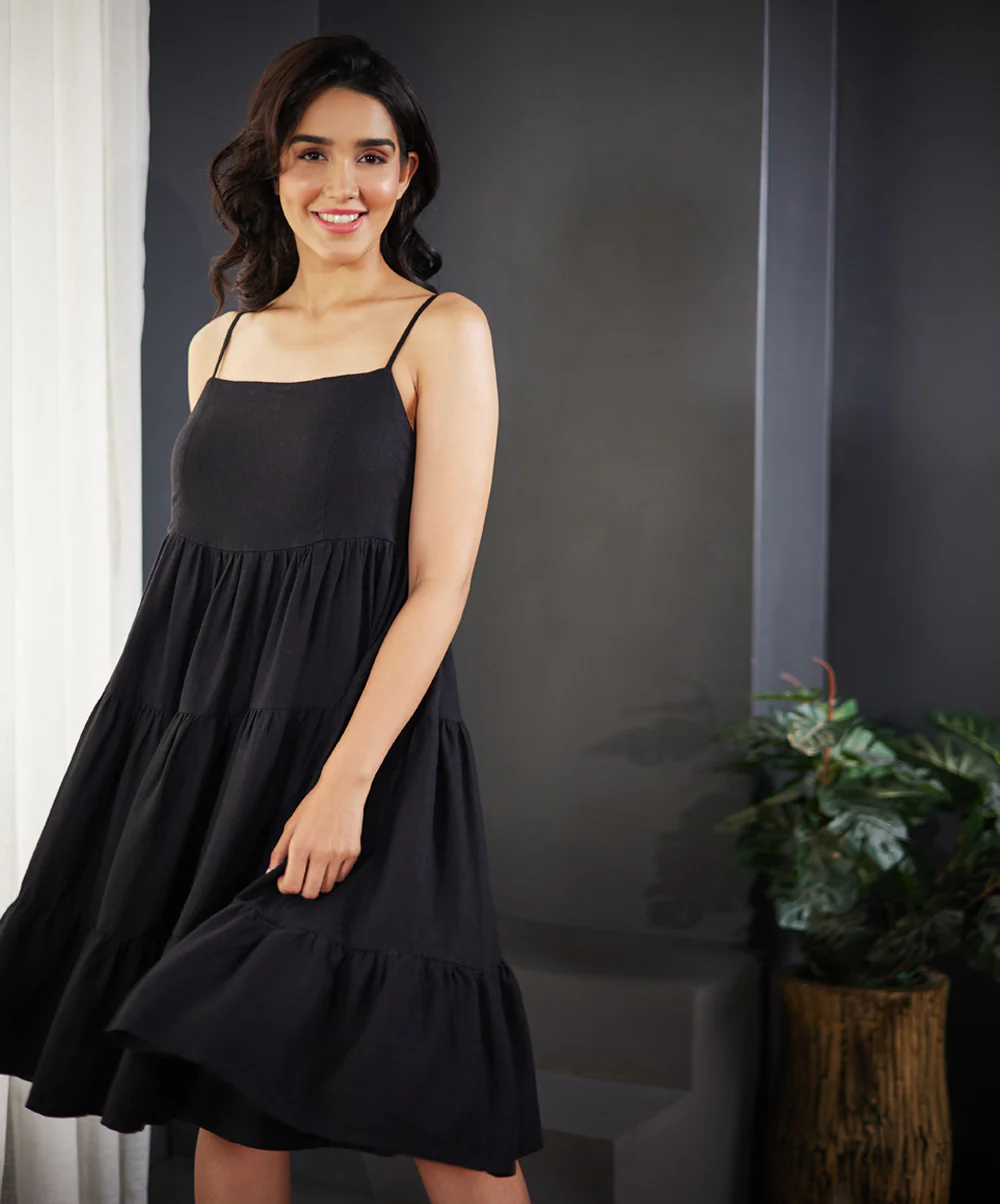 Gathered And Layered Strappy Linen Dress