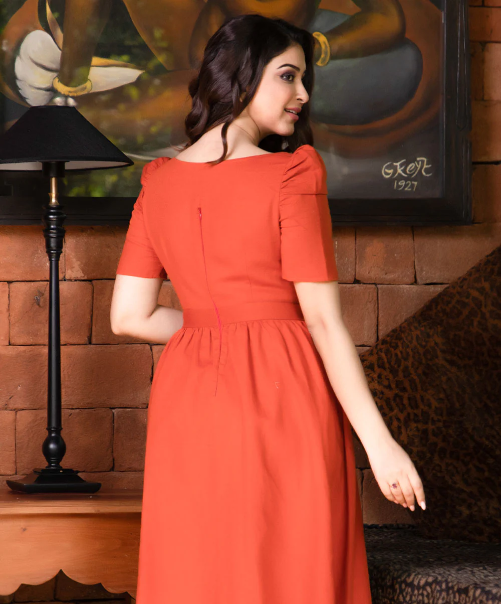 Orange Sweetheart Neck Linen Dress - Image 2