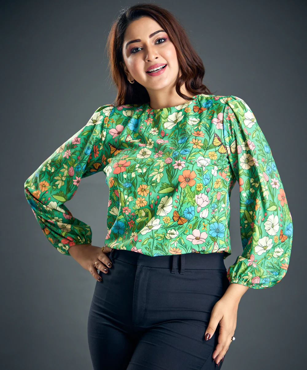 Green Floral Print Lantern Sleeve Blouse - Image 2