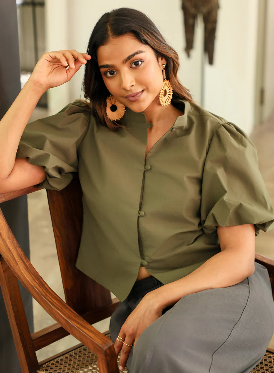Green Front Detail Balloon Sleeve Top