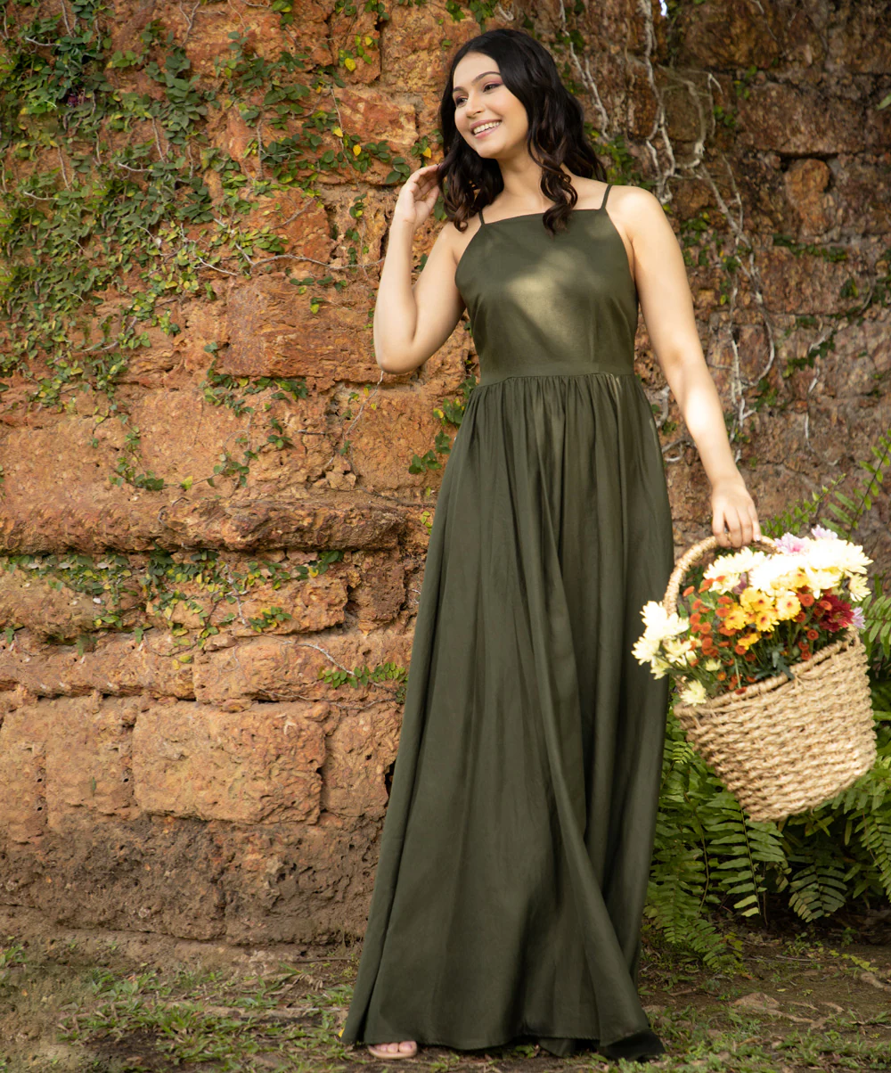 Green Halter Neck Linen Maxi - Image 3