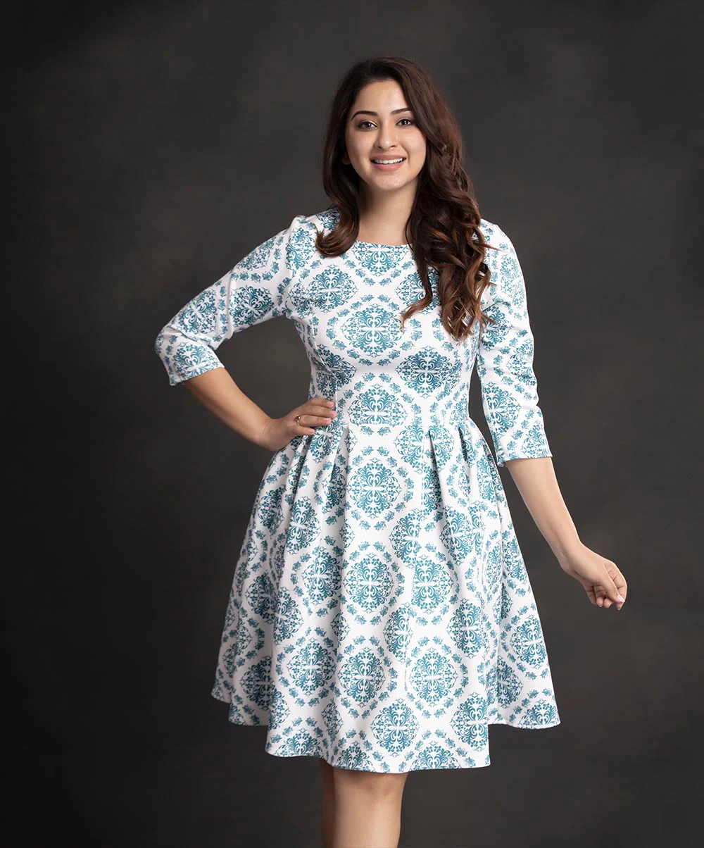 Green Printed Pleated Scuba Dress