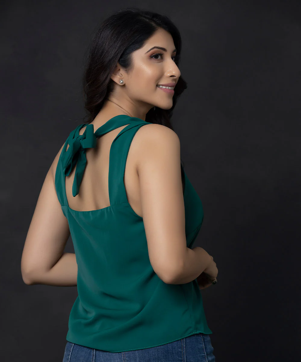 Green Sleeveless Braided Loop Chiffon Top - Image 2