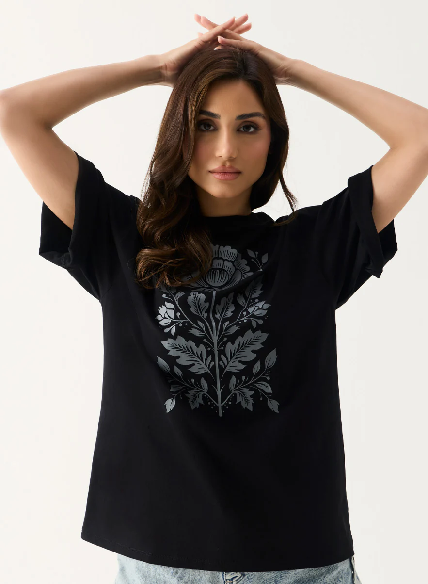 Grey Color Printed Rose Oversized T-shirt - Image 2