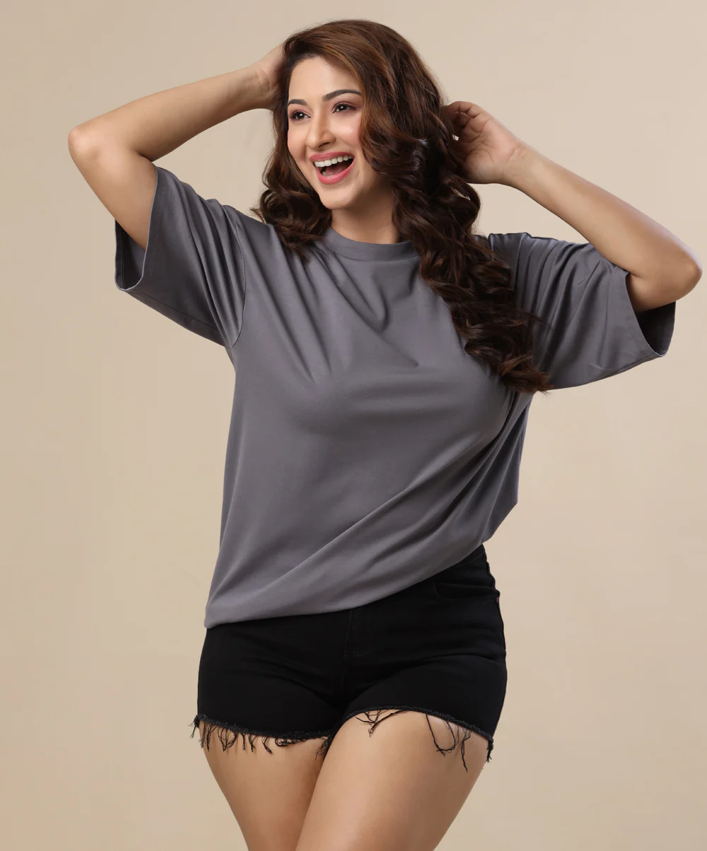 Grey Oversized Basic Crew Neck Tshirt - Image 2