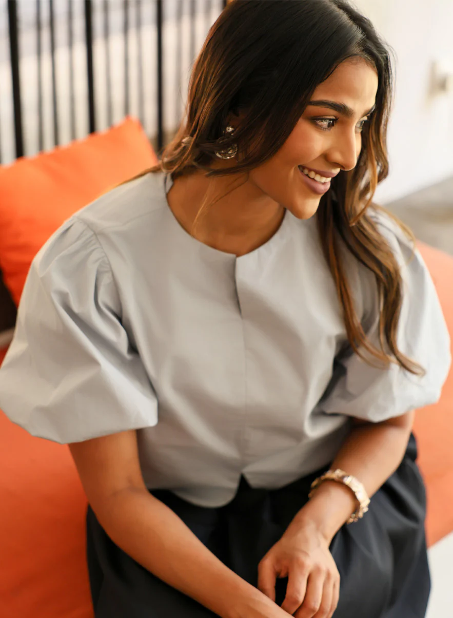 Grey Puffed Sleeve Front Detail Top - Image 4