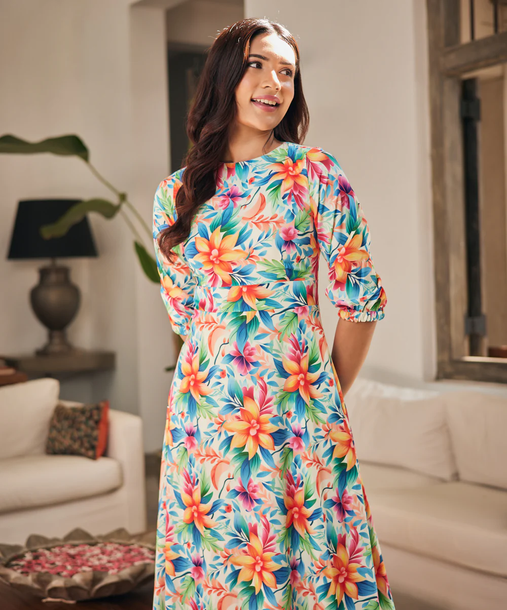 Half Puffed Sleeve Printed Maxi Dress - Image 3