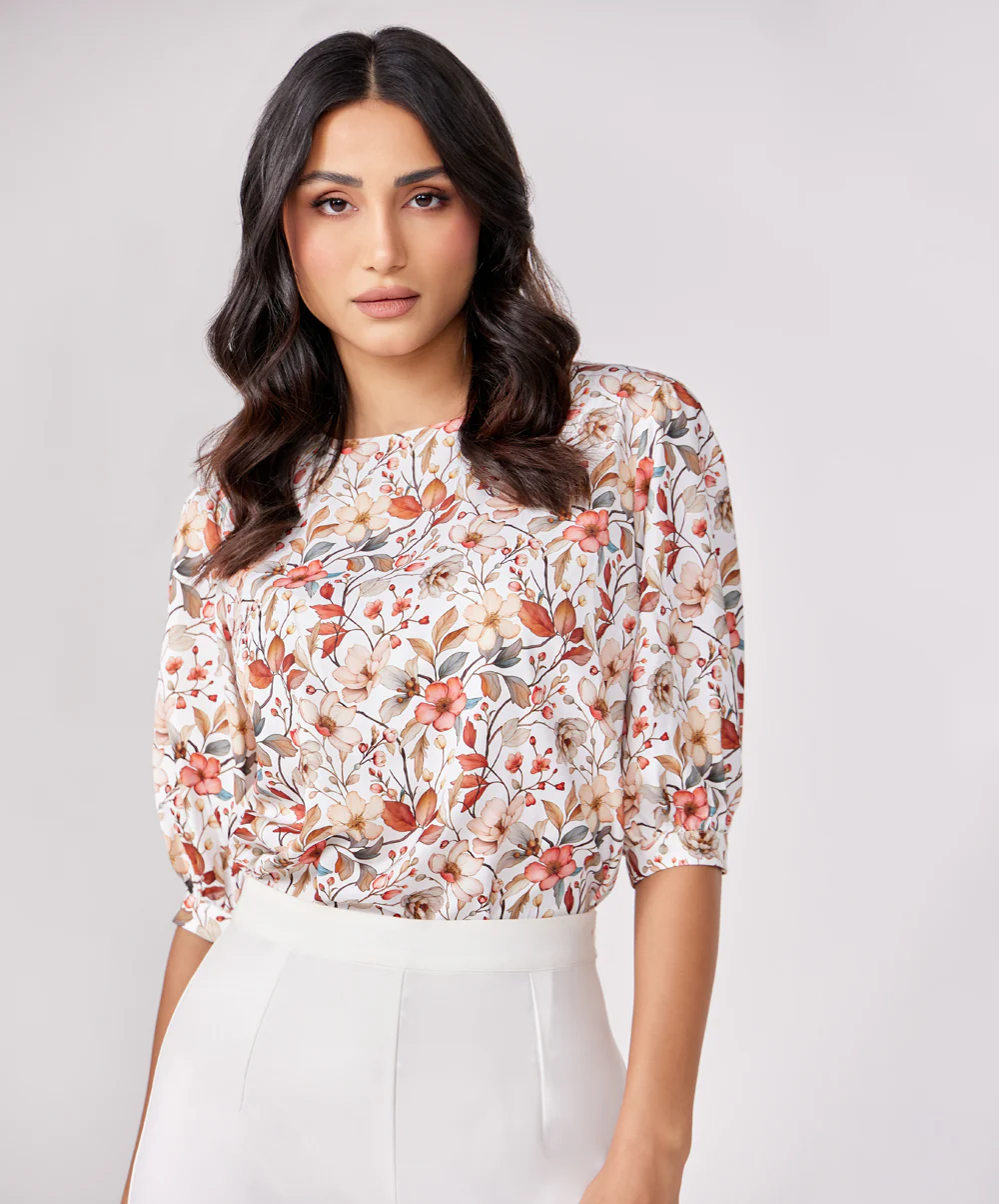 Half Puffed Sleeve Round Neck Printed Top