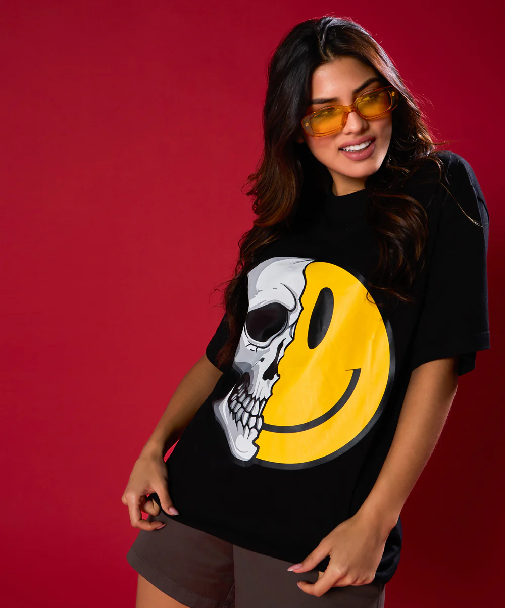 Half Skull And Smiley Face Printed Oversized Tshirt - Image 2