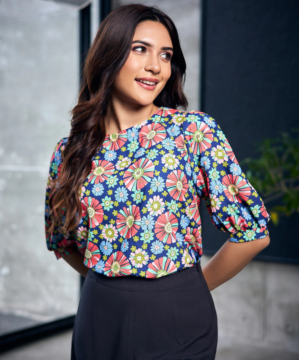 Half Sleeve Blue Printed Chiffon Top - Image 2