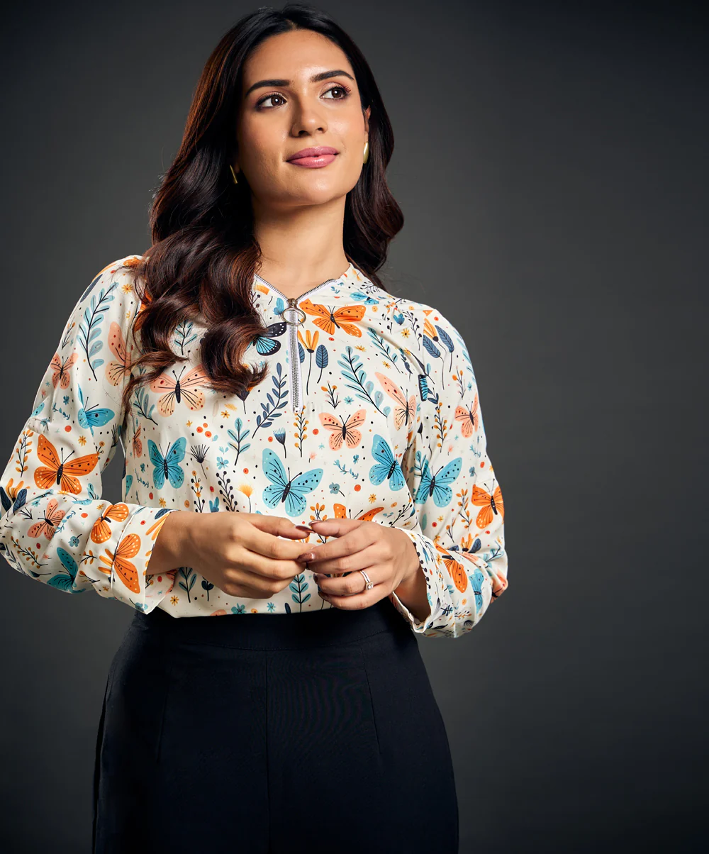 Half Sleeve Butterfly Printed Top