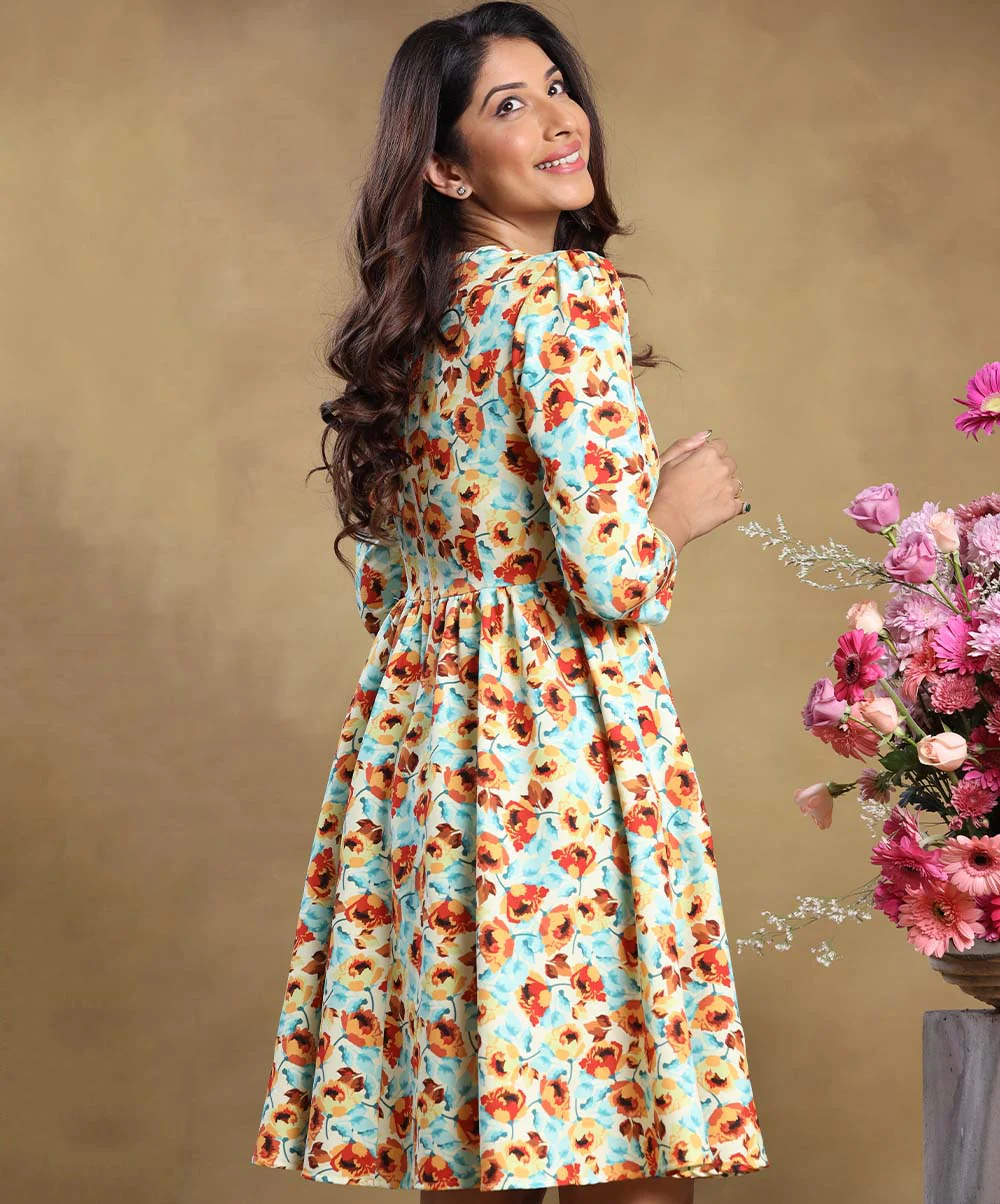 Half Sleeve Gathered Printed Dress - Image 3