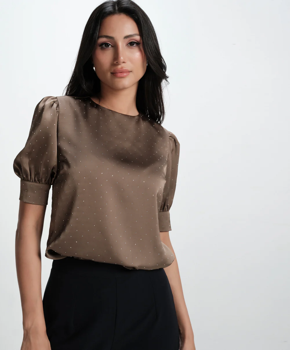 Half Sleeve Glitter Dotted Satin Pink Top - Image 3