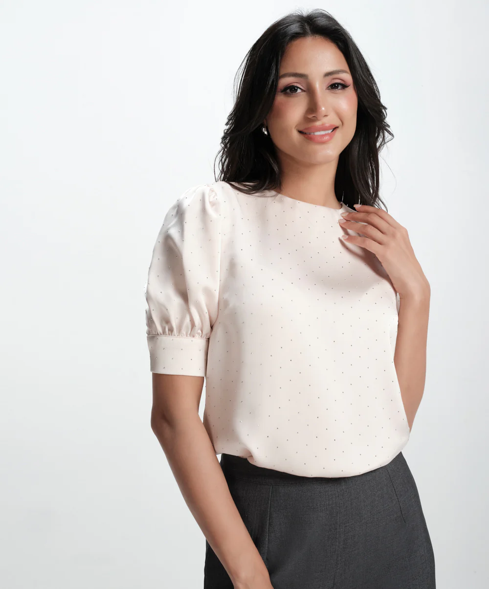 Half Sleeve Glitter Dotted Satin Top - Image 2